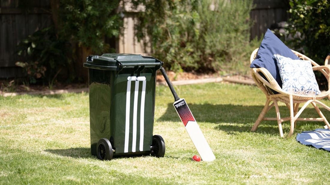 Image of completed pitch with a wheelie bin and bat with ball