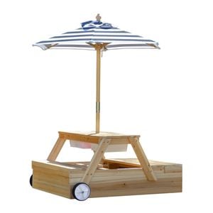  Teamson 80cm Blue Sorrento Wooden 2-in-1 Picnic Table with Sandbox & Umbrella