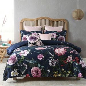 Zinnia Queen Bed Quilt Cover Percale Cotton Navy Home Bedding