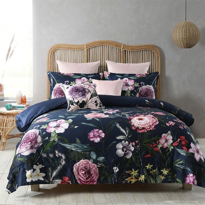 Zinnia Queen Bed Quilt Cover Percale Cotton Navy Home Bedding