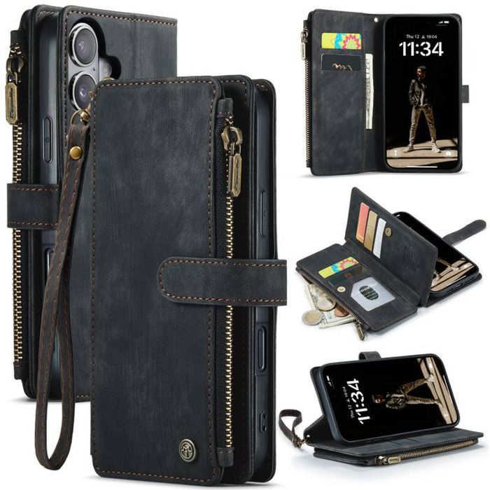 CaseMe C30 For Apple iPhone 17 Vintage Leather Folio Zipper Wallet Case and 7 Card Slots (Black)