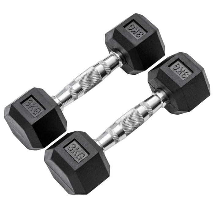 METEOR 3kg Pair Rubber Hex Dumbbells
