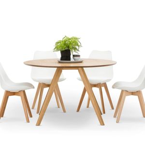 Milari 5 Piece Round Natural Ash Wood Dining Set With Replica White Padded Eames Chairs