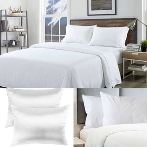 Bamboo Blend Sheet Set + Duck Down Pillows + Silk Pillowcase Bundle White Queen