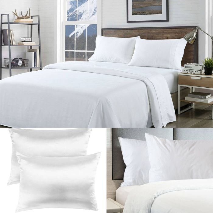 Bamboo Blend Sheet Set + Duck Down Pillows + Silk Pillowcase Bundle White Queen