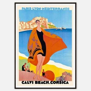 Galrie Vintage Corsica Calvi Beach Travel Poster by Roger Broders Art Deco Wall Art, Black Frame, A3 30 x 42cm (12 x 16inch)