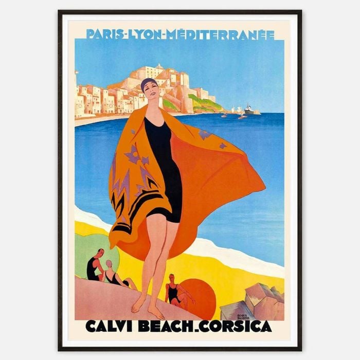 Galrie Vintage Corsica Calvi Beach Travel Poster by Roger Broders Art Deco Wall Art, Black Frame, A3 30 x 42cm (12 x 16inch)