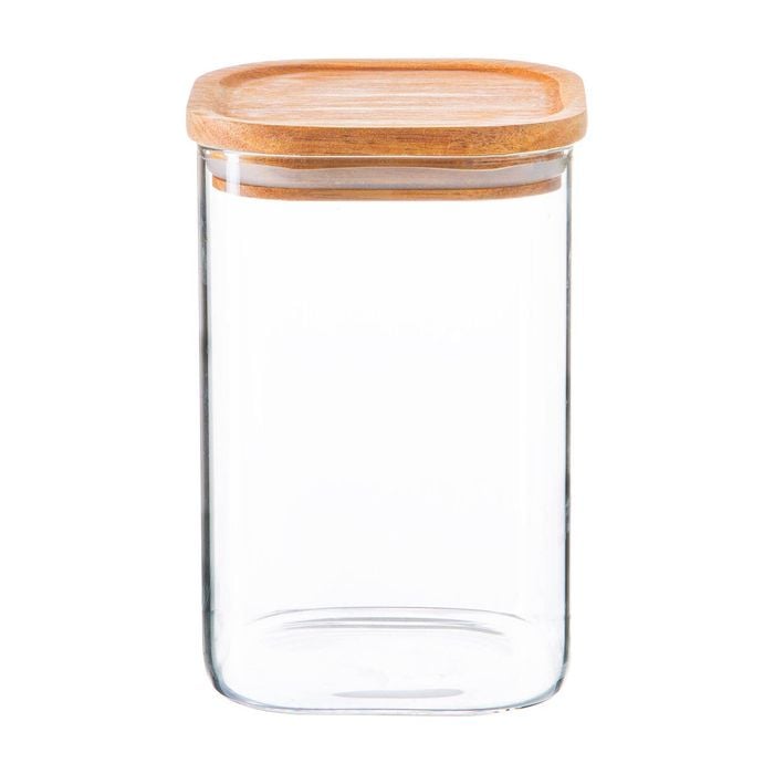 Argon Tableware Glass Storage Jar With Airtight Wooden Lid - 1.1l - Square Cube Kitchen Storage Container Preserving Jars