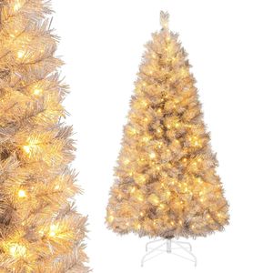 Costway 150cm Christmas Tree Silver Tinsel Leaves Hinged Decoration Tree 170 LEDs