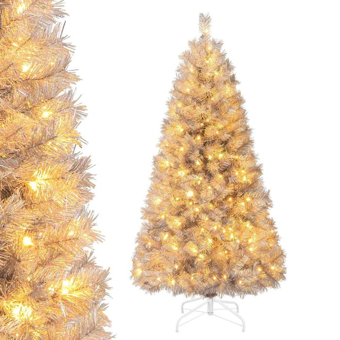 Costway 150cm Christmas Tree Silver Tinsel Leaves Hinged Decoration Tree 170 LEDs