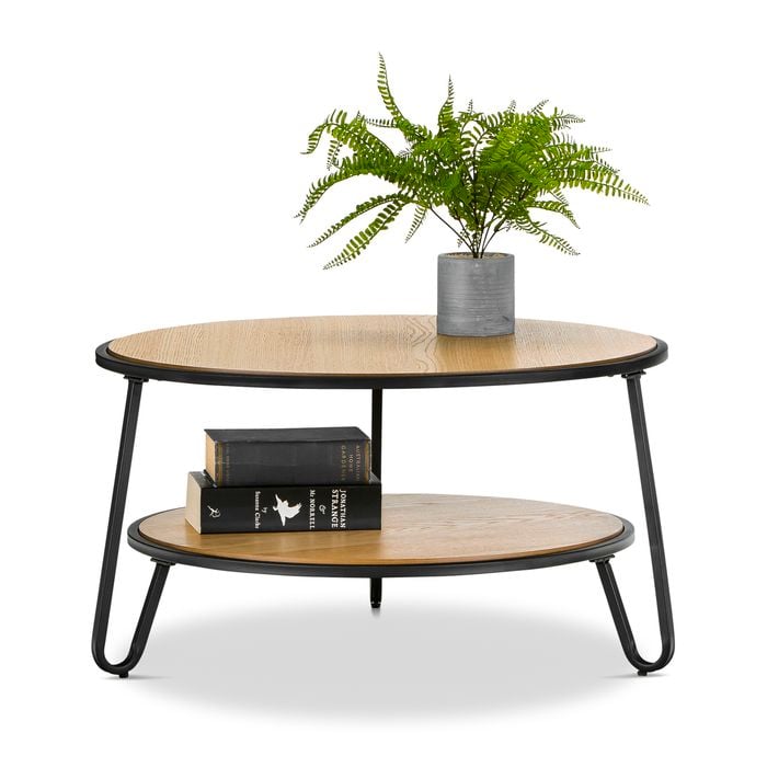 Macy Black & Natural Oak Round Shelf Coffee Table