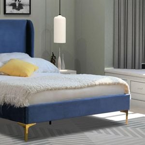 Istyle Modern Classic Olivia Queen Velvet Bed Frame Blue with Gold Legs