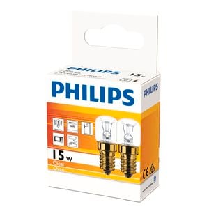 Philips 15W E14 T22 Clear Appliance Lamp - 2 Pack