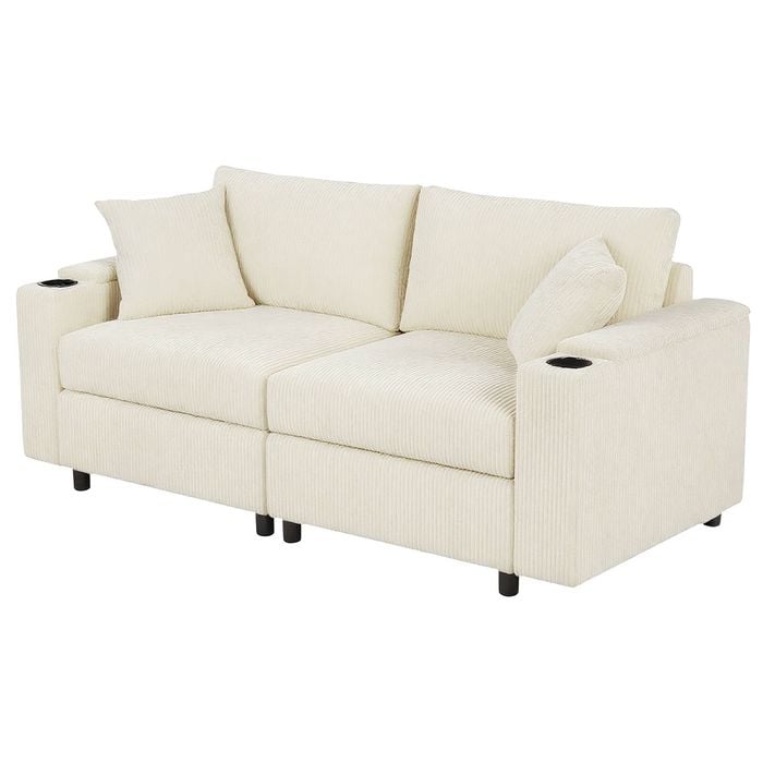 Advwin 182cm 2 Seater Sofa Corduroy Modular Lounge Couch w/ Storage Armrests & Cup Holder Beige