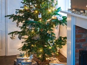 Decorated christmas tree with fairy lights and presents