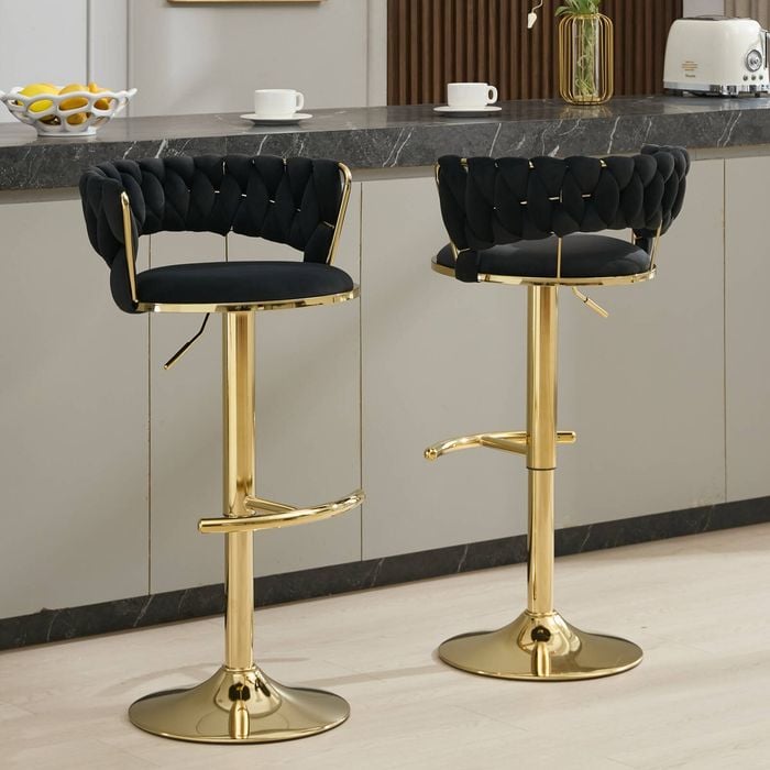 Homfurn Set of 2 Velvet Adjustable Swivel Barstools with Gloden Base