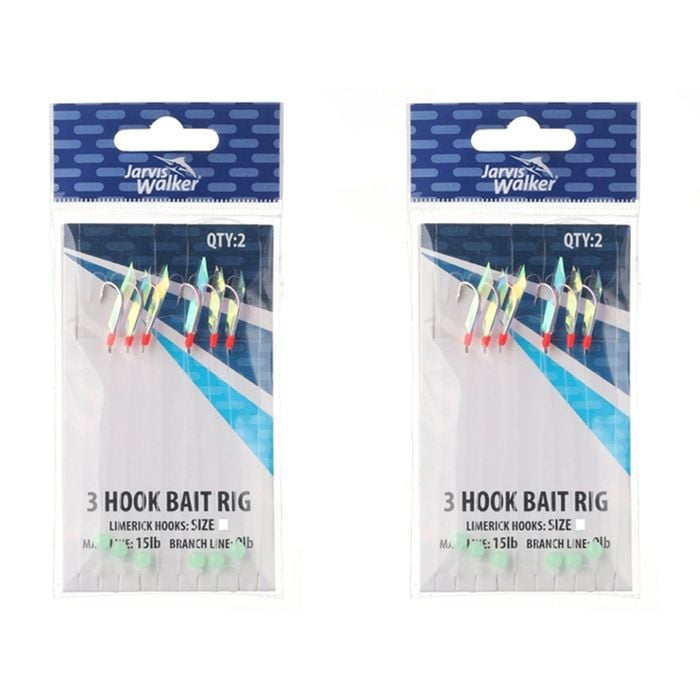 2x 2PK Jarvis Walker 3 Hook Bait Rigs 15lb Main Line & 9lb Branch Line - Size 2
