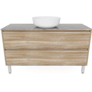 Forme 1200mm Walnut Razor Freestanding Vanity With Victoria Grey Stone Top And Atom Above Counter Basin