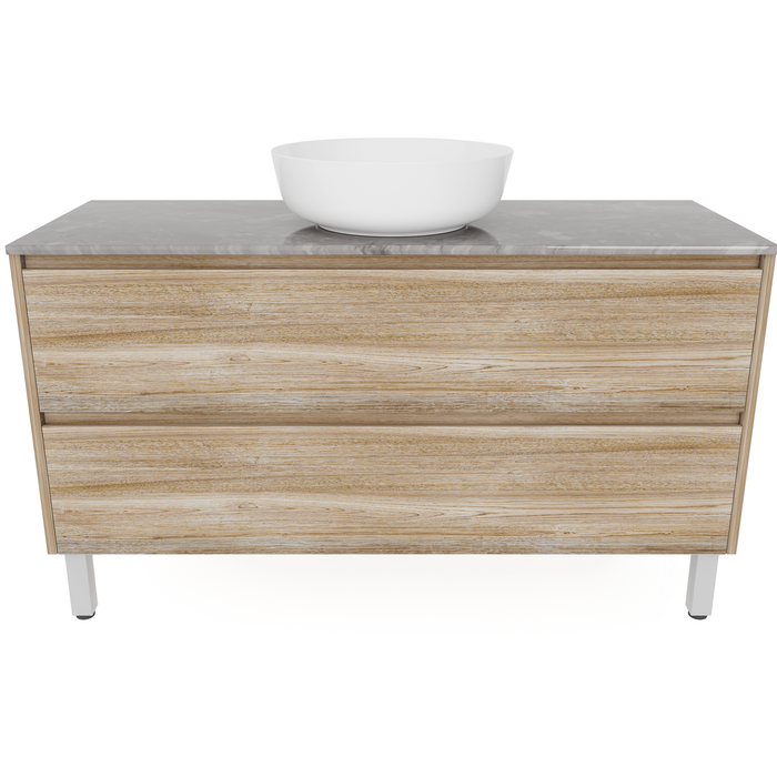 Forme 1200mm Walnut Razor Freestanding Vanity With Victoria Grey Stone Top And Atom Above Counter Basin