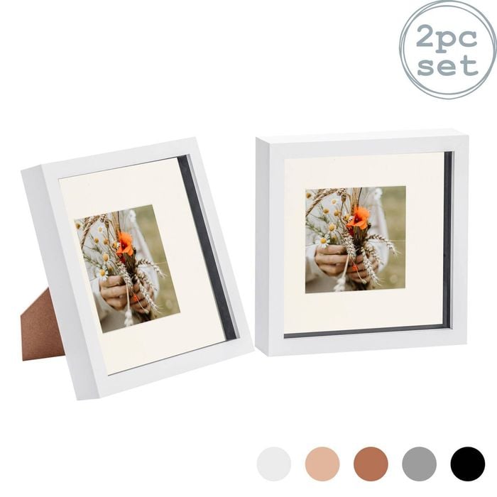 Nicola Spring 2 Piece 8 X 8 3d Shadow Box Photo Frame Set - Craft Display Picture Frame With 4 X 4 Mount - White