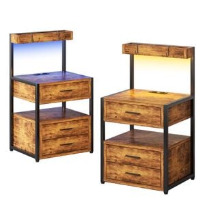 Advwin 2xbedside Table With Charging Station And Led Lights 3 Drawers And Top Storage Groove Walnut