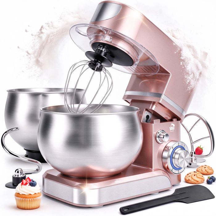 Advwin Stand Mixer with 5L & 3L Bowls, 6 Speeds & Pulse Function, Pink