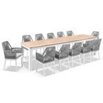 Balmoral 3.55m Outdoor Teak Top Aluminium Table with 12 Hugo Chairs 12 - White - Grey Rope-Textured Grey Cushion