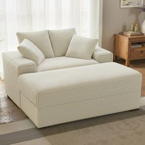 Advwin 148cm Sofa Bed w/ Storage Ottoman Corduroy Chaise Lounge Chair Oversized Sleeper Couch Beige