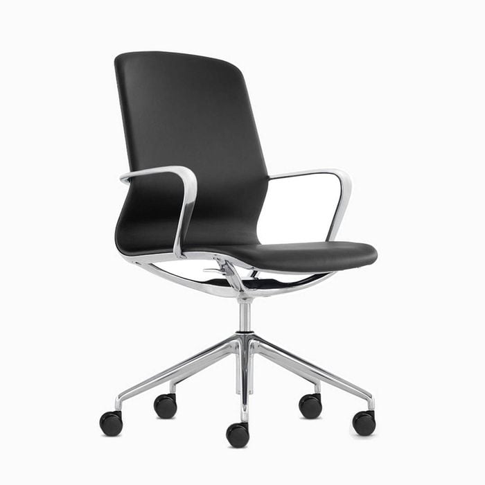 Desky Executive Meeting Chair - Black Leather & Polished Aluminium Frame