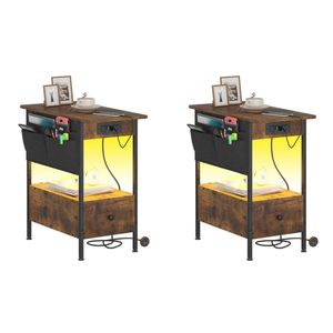 Ufurniture 2PCS Narrow Side Table LED Bedside Table with Drawer Night Stand Sofa End Table Walnut and Black