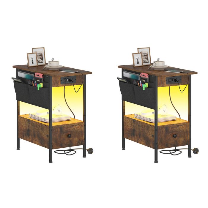 Ufurniture 2PCS Narrow Side Table LED Bedside Table with Drawer Night Stand Sofa End Table Walnut and Black