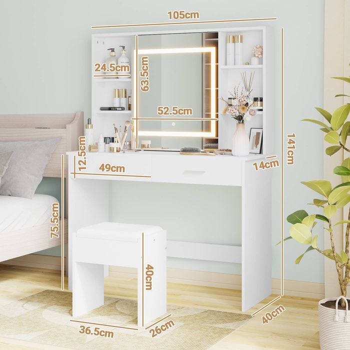 Advwin Dressing Table Stool Set with Slide Make up LED Mirror
