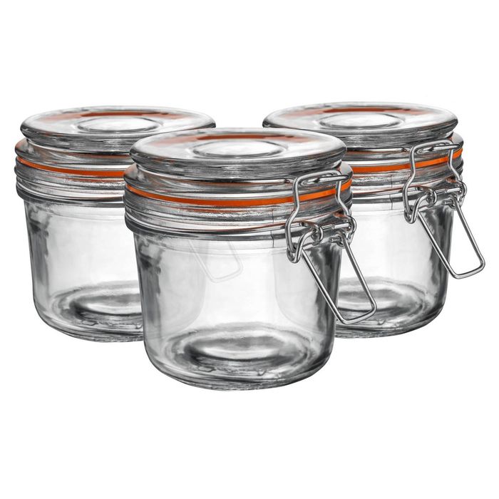 Argon Tableware Glass Storage Jars - 350ml/12.3oz - Set Of 3 - 4 Colour Seals Airtight Kitchen Storage Container Preserving Jar