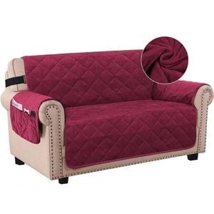 Smarcute 2 Seater Velvet Sofa Couch Cushion Cover With Non-slip Elastic Straps Burgundy