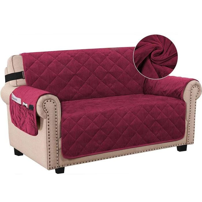 Smarcute 2 Seater Velvet Sofa Couch Cushion Cover With Non-slip Elastic Straps Burgundy