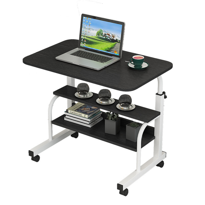 Provecta Black Adjustable Mobile Desk with Storage Racks and Lockable Wheels – 69–90cm Height