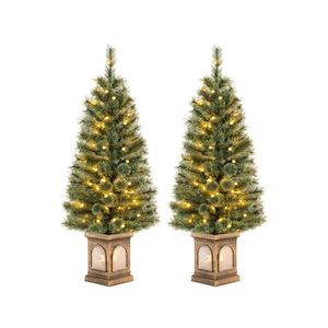 Costway 2PCS 1.25M Christmas Tree In Urn Xmas Tree w/Base 3 Dynamic Modes Timer Entrance Entryway