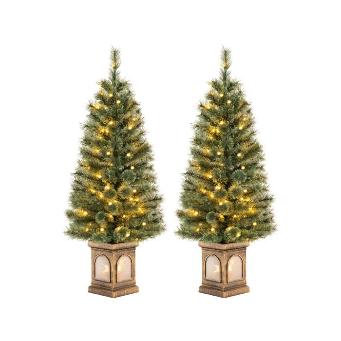 Costway 2PCS 1.25M Christmas Tree In Urn Xmas Tree w/Base 3 Dynamic Modes Timer Entrance Entryway