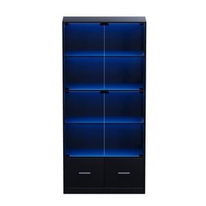 Ufurniture 170cm Display Storage Cabinet With Sensor Led Lights And Glass Doors 4-tier Shelves Bookcase With Drawers Black