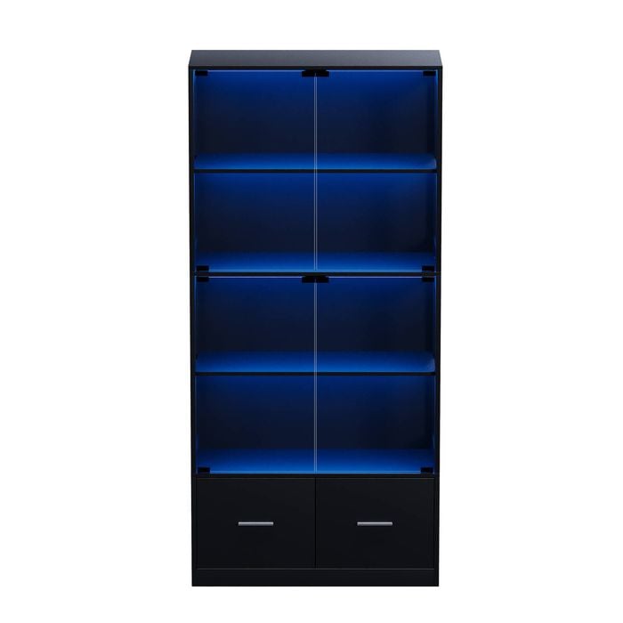 Ufurniture 170cm Display Storage Cabinet With Sensor Led Lights And Glass Doors 4-tier Shelves Bookcase With Drawers Black