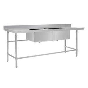Vogue Dishwasher Inlet Table With Double Bowl Sink 90mm Outlet 2400x700x960mml/h - De475