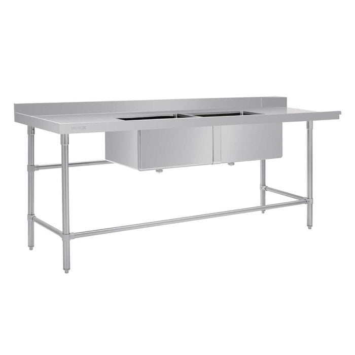 Vogue Dishwasher Inlet Table With Double Bowl Sink 90mm Outlet 2400x700x960mml/h - De475