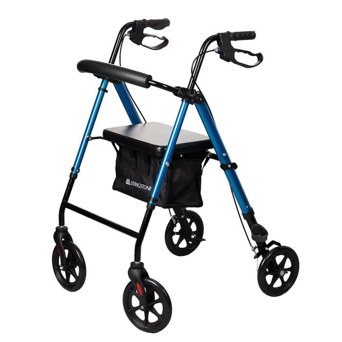 Livingstone Rollator Walker 4 Wheel With Padded Seat And Bag Blue