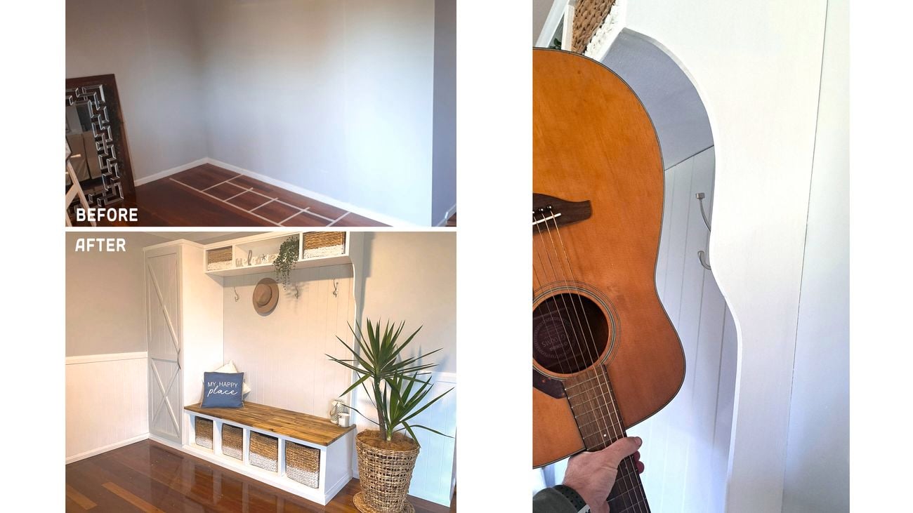 Before-and-after collage showing a plain wall transformed into a mudroom bench with storage and hooks.