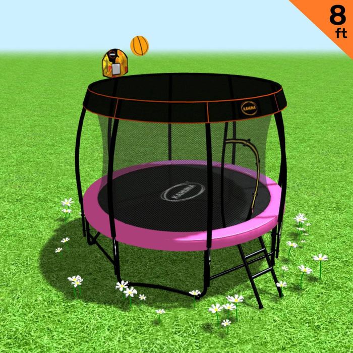 Kahuna Trampoline 8 ft with Basketball Set and Roof - Pink