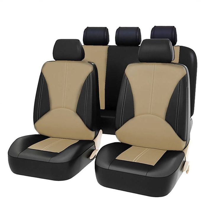 Catzon Car Seat Cover Full Set Anti-slip Breathable Leather-black Beige