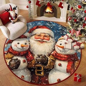 CottonMore Christmas Santa & Snowmen Round Rug Festive Holiday Floor Mat 120cm