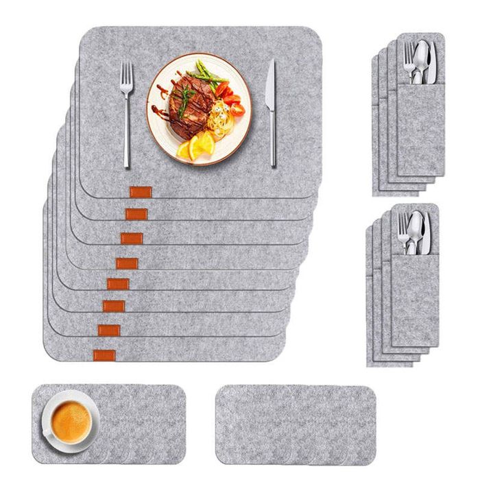 Catzon 8PC Felt Placemats Coasters Cutlery Heat-Resistant Non-Slip Light Gray