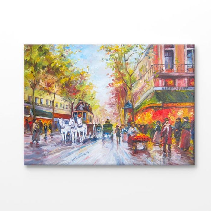 City & Horse Cart Oil Painting Print 100% Australian Made 120x90cm (Stretched Canvas)
