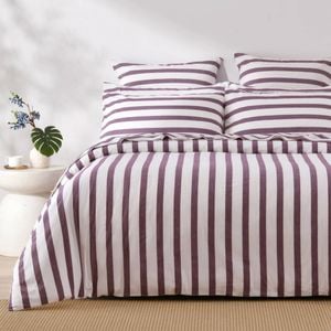 Dreamaker Cove Washed Cotton Yarn Dyed Wide Stripe Quilt Cover Set Plum Single